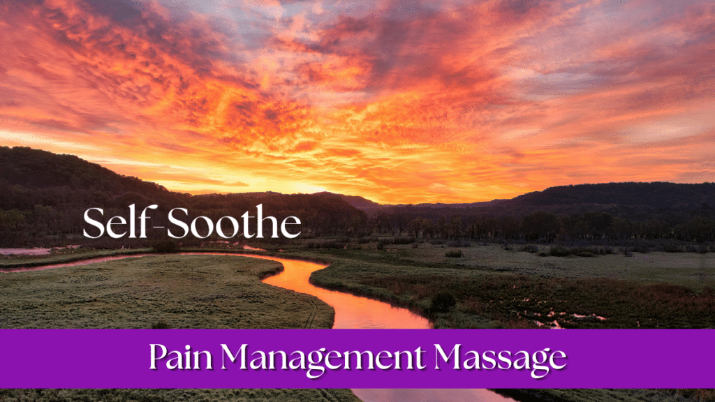 Sunset over river with text that reads self soothe